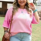 Waffle Knit Stripe Patchwork 3/4 Sleeve