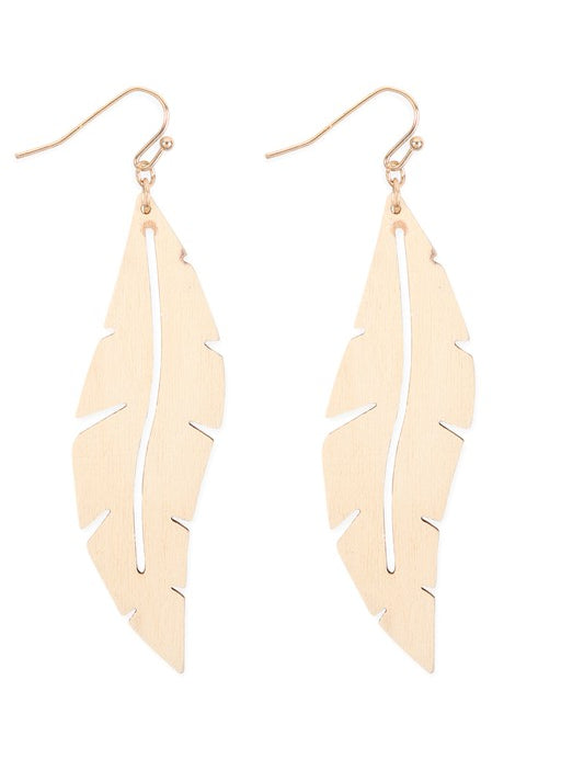 Wood Thin Leaf Drop Earrings