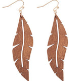 Wood Thin Leaf Drop Earrings