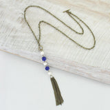 Blue Sparkle Bead Necklace With Pearls & Tassle